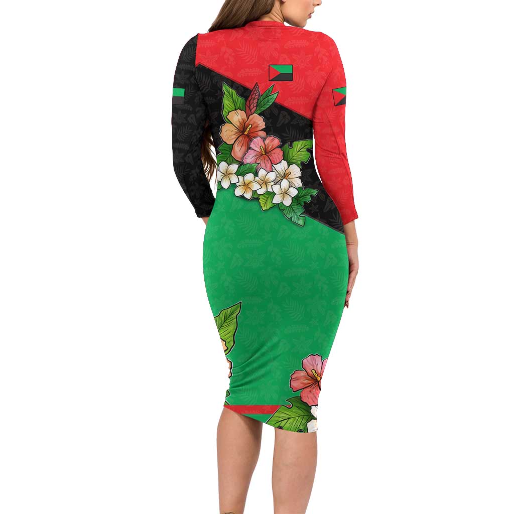 Martinique Island Pride Family Matching Long Sleeve Bodycon Dress and Hawaiian Shirt Tropical Hibiscus and Plumeria Floral Flag Design