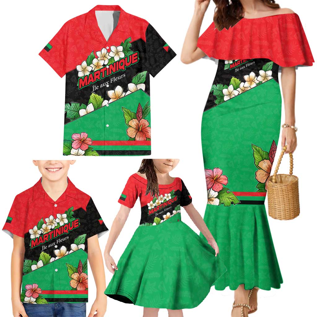 Martinique Island Pride Family Matching Mermaid Dress and Hawaiian Shirt Tropical Hibiscus and Plumeria Floral Flag Design