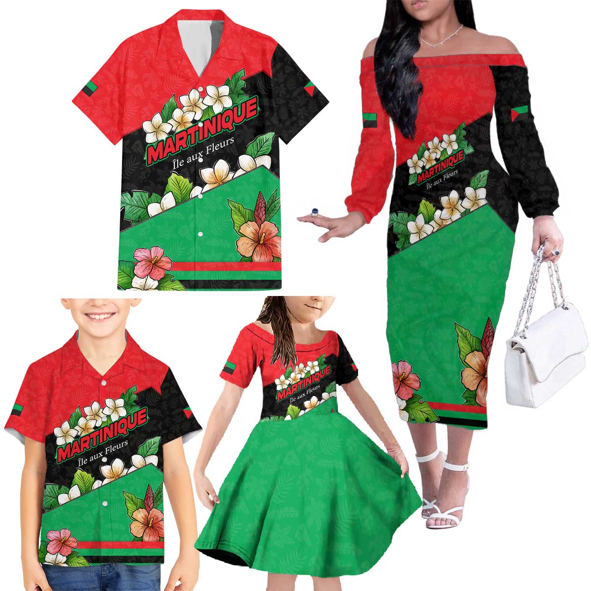 Martinique Island Pride Family Matching Off The Shoulder Long Sleeve Dress and Hawaiian Shirt Tropical Hibiscus and Plumeria Floral Flag Design