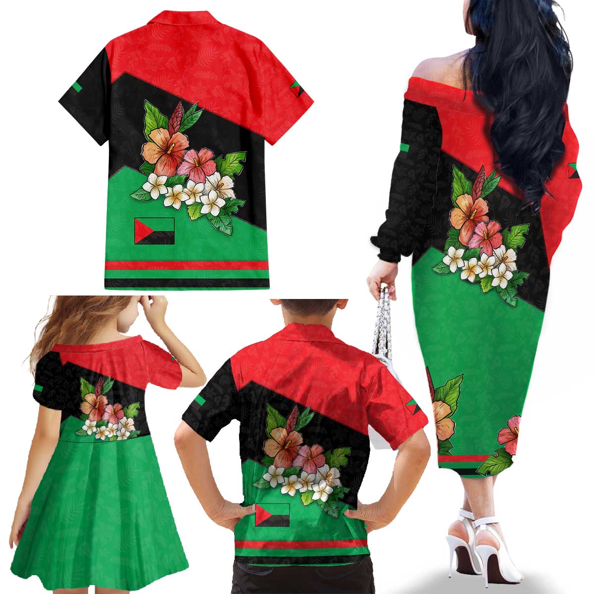 Martinique Island Pride Family Matching Off The Shoulder Long Sleeve Dress and Hawaiian Shirt Tropical Hibiscus and Plumeria Floral Flag Design