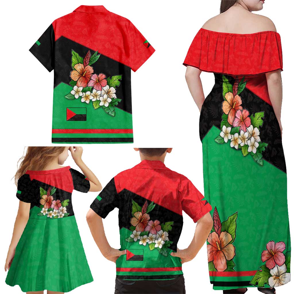 Martinique Island Pride Family Matching Off Shoulder Maxi Dress and Hawaiian Shirt Tropical Hibiscus and Plumeria Floral Flag Design