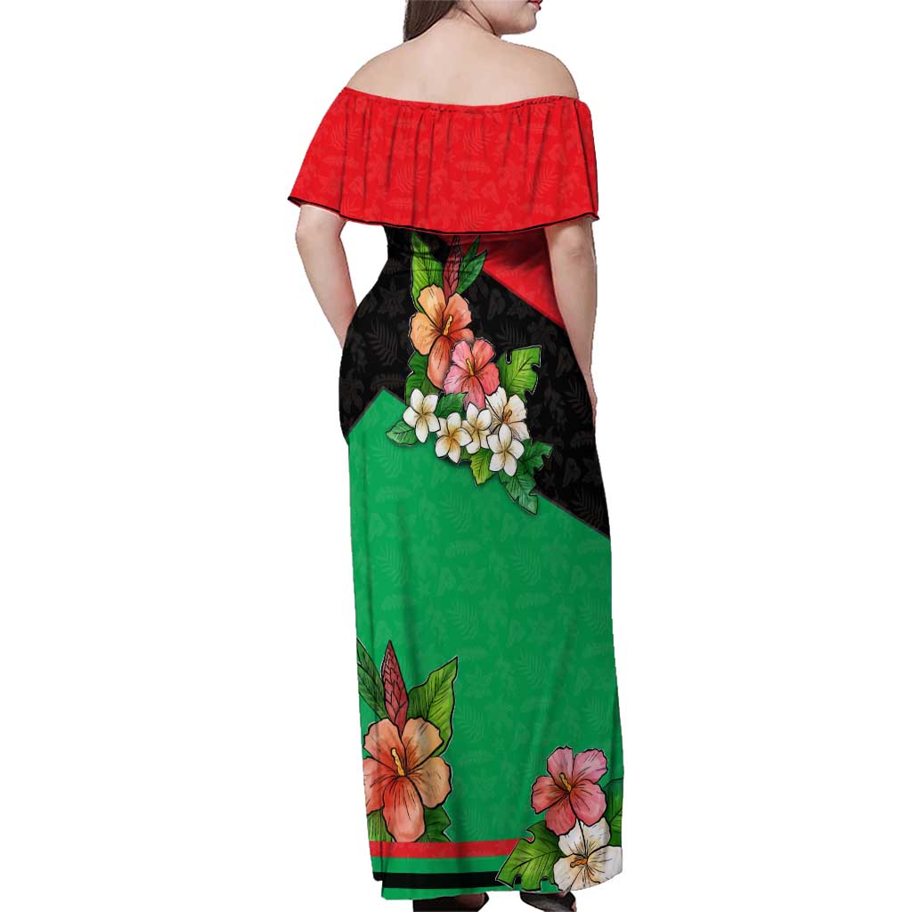 Martinique Island Pride Family Matching Off Shoulder Maxi Dress and Hawaiian Shirt Tropical Hibiscus and Plumeria Floral Flag Design
