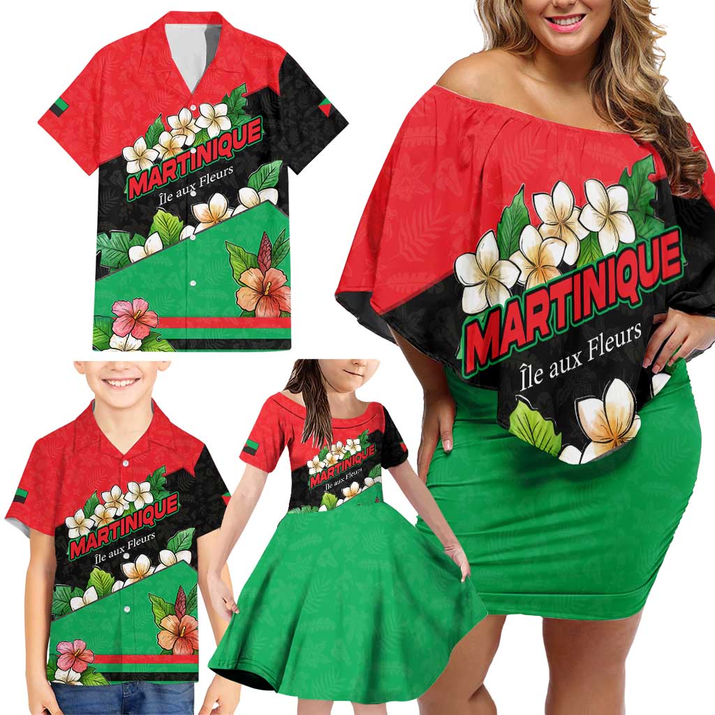 Martinique Island Pride Family Matching Off Shoulder Short Dress and Hawaiian Shirt Tropical Hibiscus and Plumeria Floral Flag Design