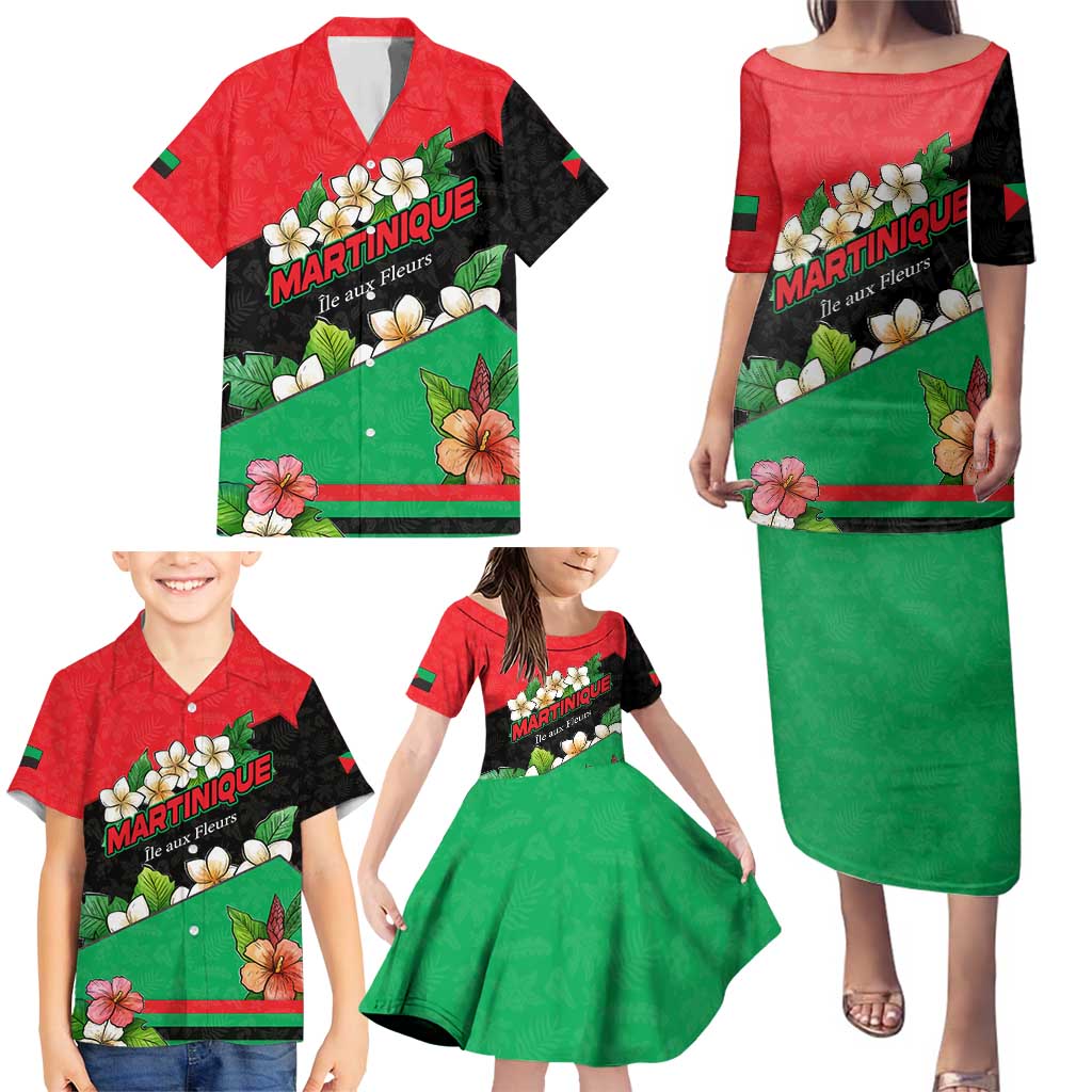 Martinique Island Pride Family Matching Puletasi and Hawaiian Shirt Tropical Hibiscus and Plumeria Floral Flag Design