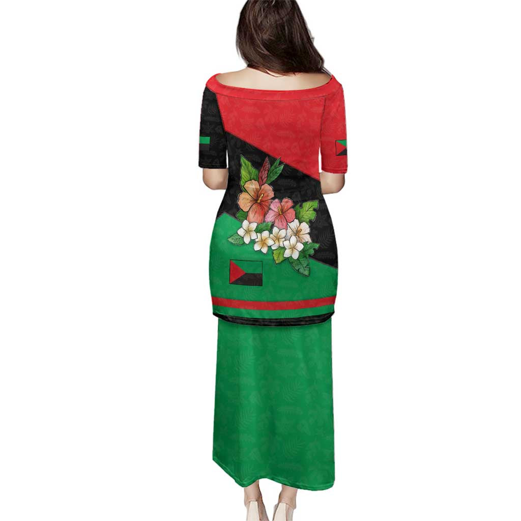 Martinique Island Pride Family Matching Puletasi and Hawaiian Shirt Tropical Hibiscus and Plumeria Floral Flag Design