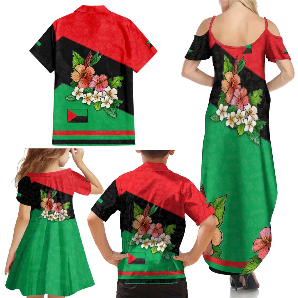 Martinique Island Pride Family Matching Summer Maxi Dress and Hawaiian Shirt Tropical Hibiscus and Plumeria Floral Flag Design