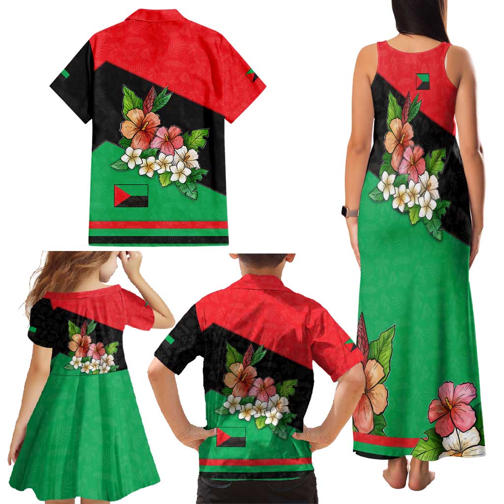 Martinique Island Pride Family Matching Tank Maxi Dress and Hawaiian Shirt Tropical Hibiscus and Plumeria Floral Flag Design