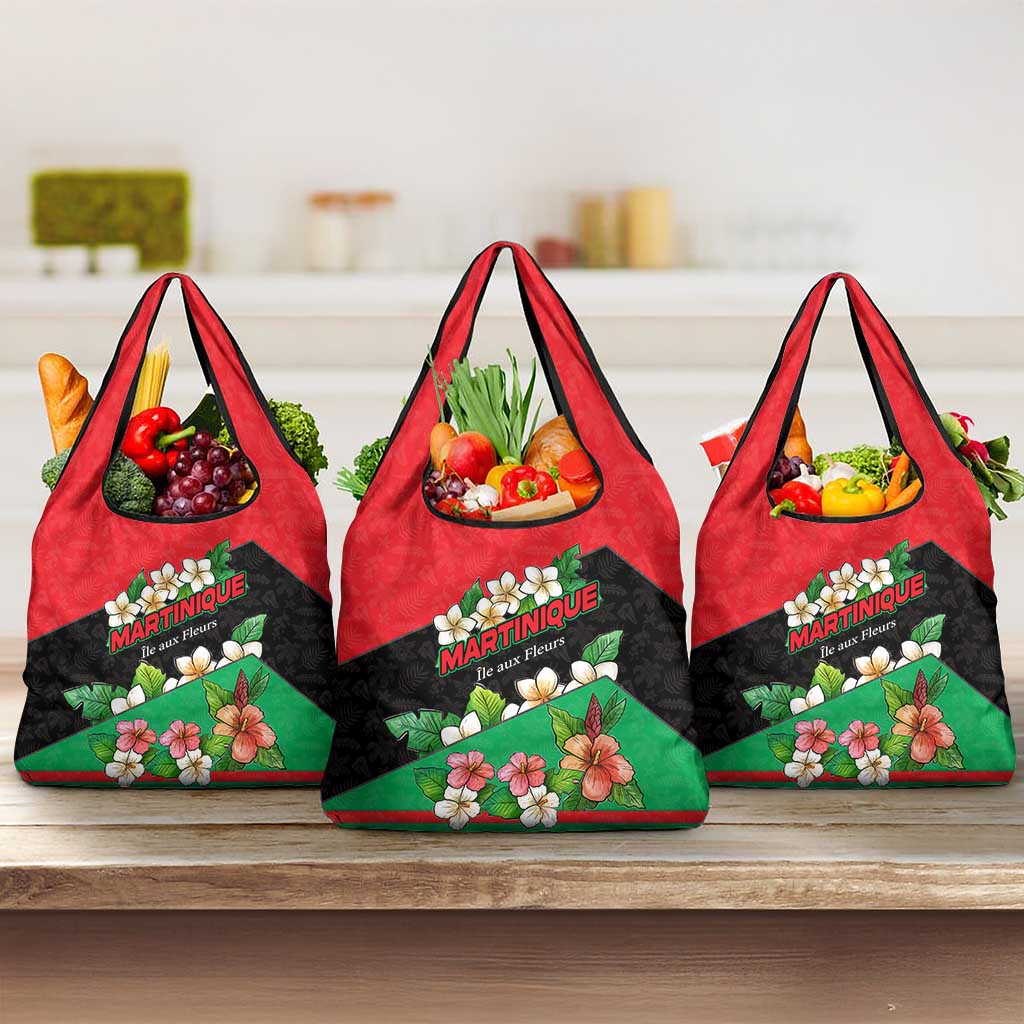 Martinique Island Pride Grocery Bag Tropical Hibiscus and Plumeria Floral Flag Design