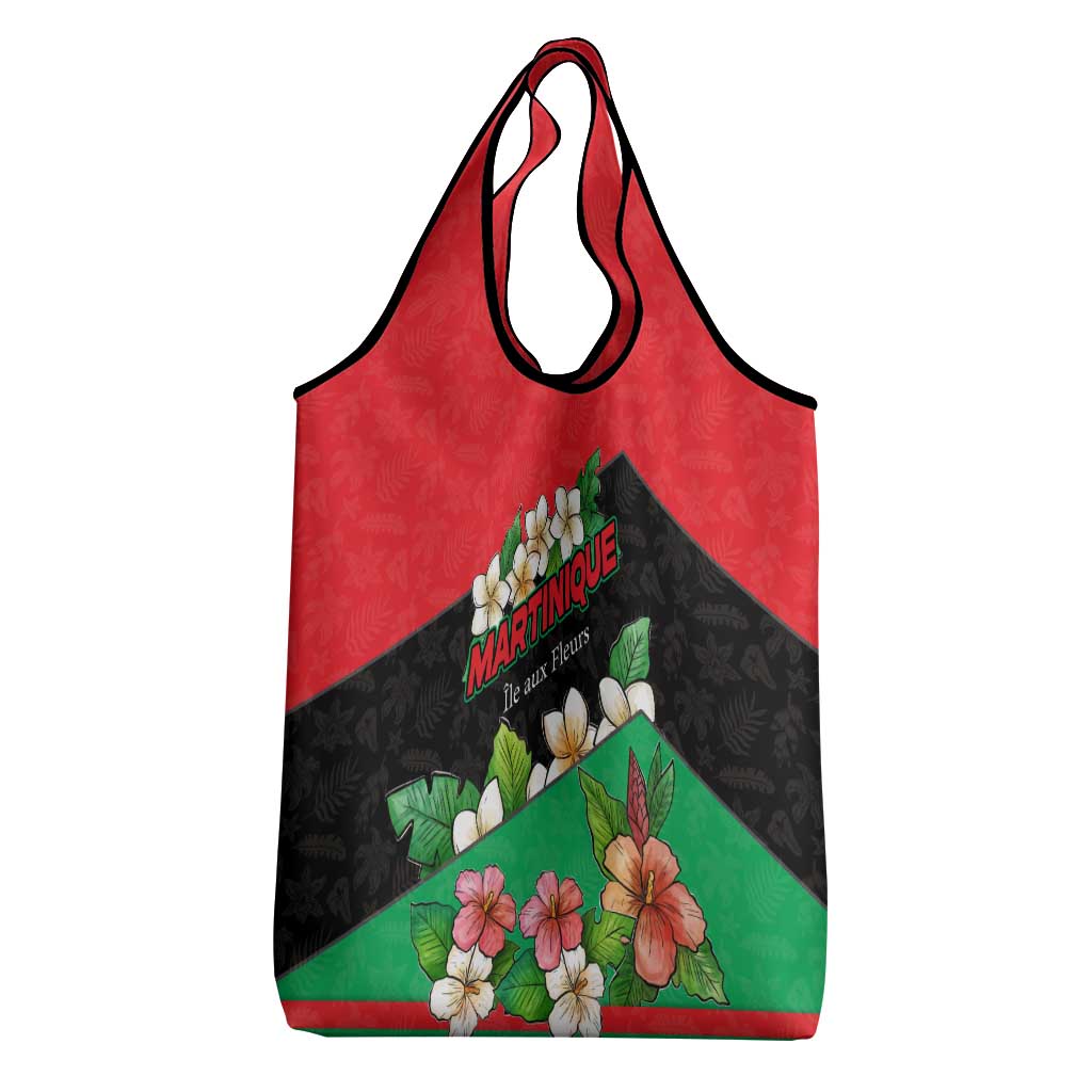 Martinique Island Pride Grocery Bag Tropical Hibiscus and Plumeria Floral Flag Design