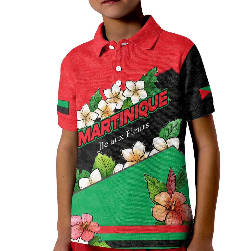 Martinique Island Pride Kid Polo Shirt Tropical Hibiscus and Plumeria Floral Flag Design