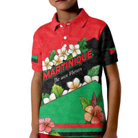 Martinique Island Pride Kid Polo Shirt Tropical Hibiscus and Plumeria Floral Flag Design