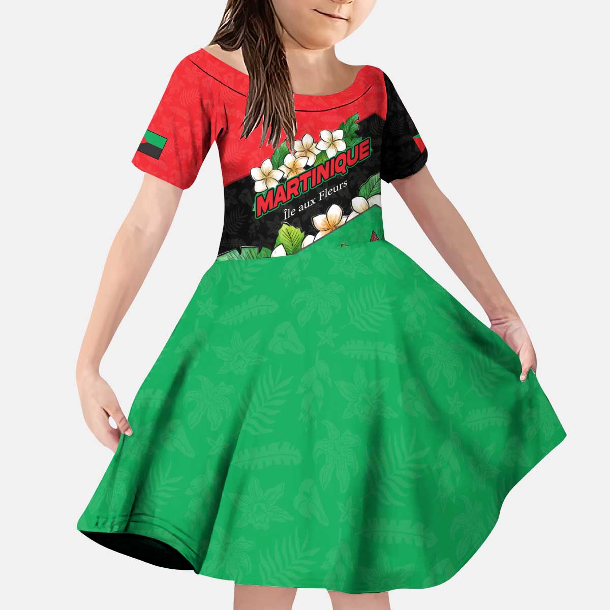 Martinique Island Pride Kid Short Sleeve Dress Tropical Hibiscus and Plumeria Floral Flag Design