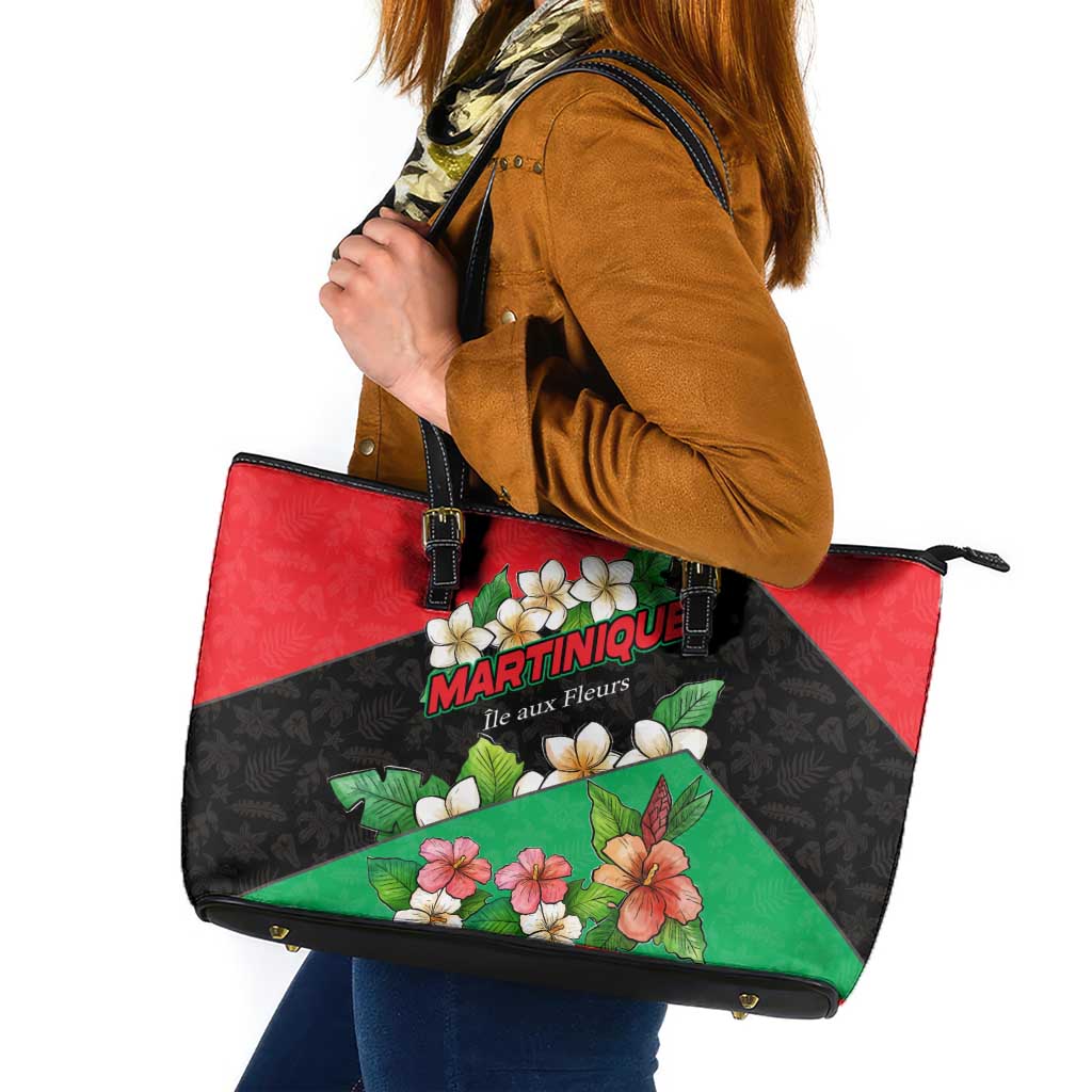 Martinique Island Pride Leather Tote Bag Tropical Hibiscus and Plumeria Floral Flag Design