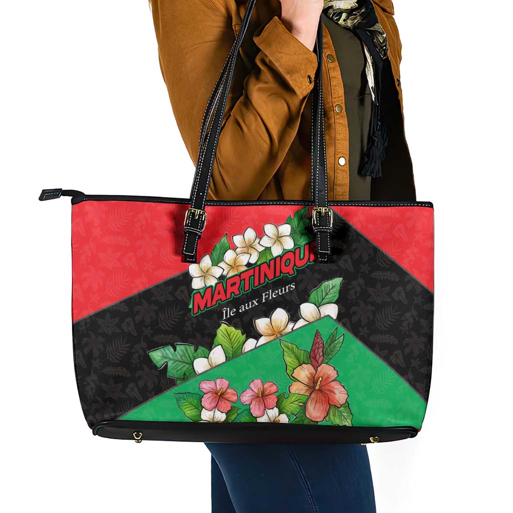 Martinique Island Pride Leather Tote Bag Tropical Hibiscus and Plumeria Floral Flag Design