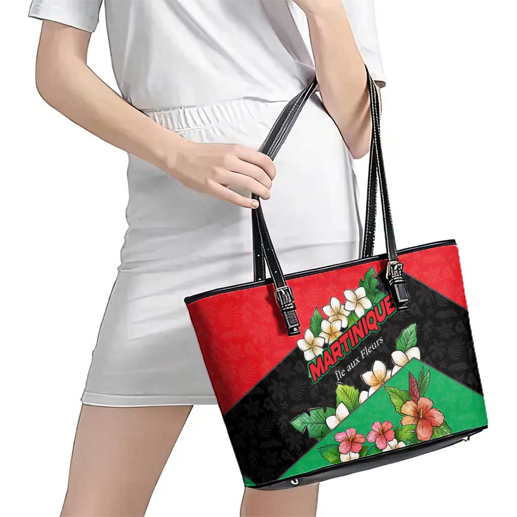 Martinique Island Pride Leather Tote Bag Tropical Hibiscus and Plumeria Floral Flag Design
