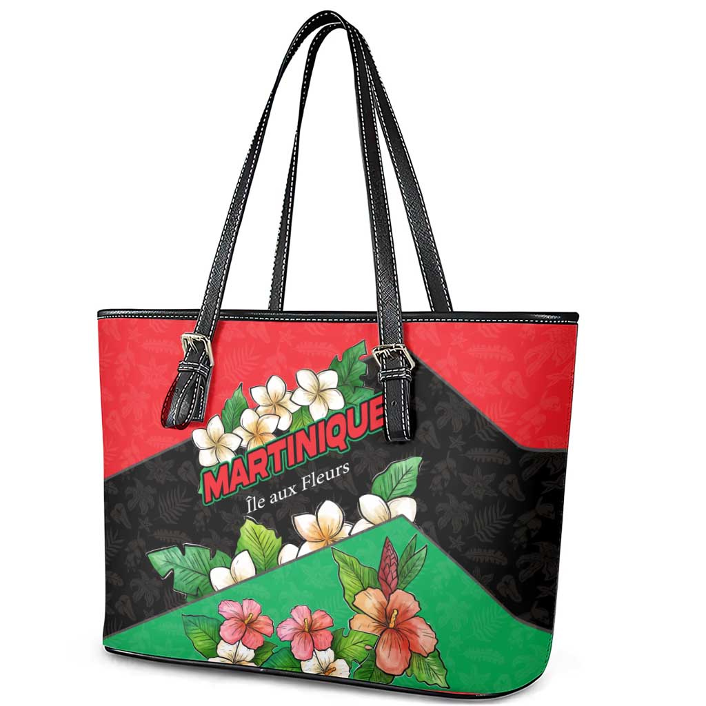 Martinique Island Pride Leather Tote Bag Tropical Hibiscus and Plumeria Floral Flag Design