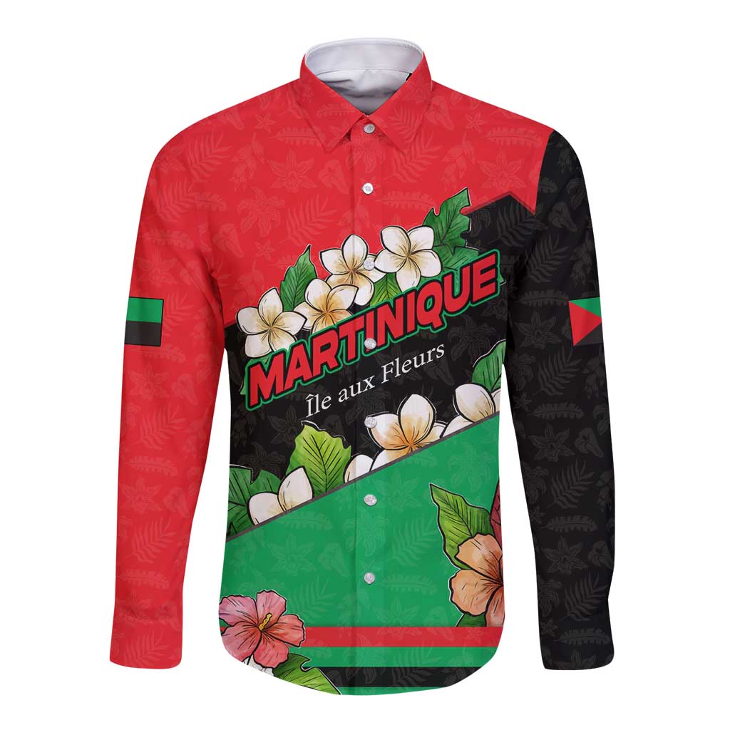 Martinique Island Pride Long Sleeve Button Shirt Tropical Hibiscus and Plumeria Floral Flag Design