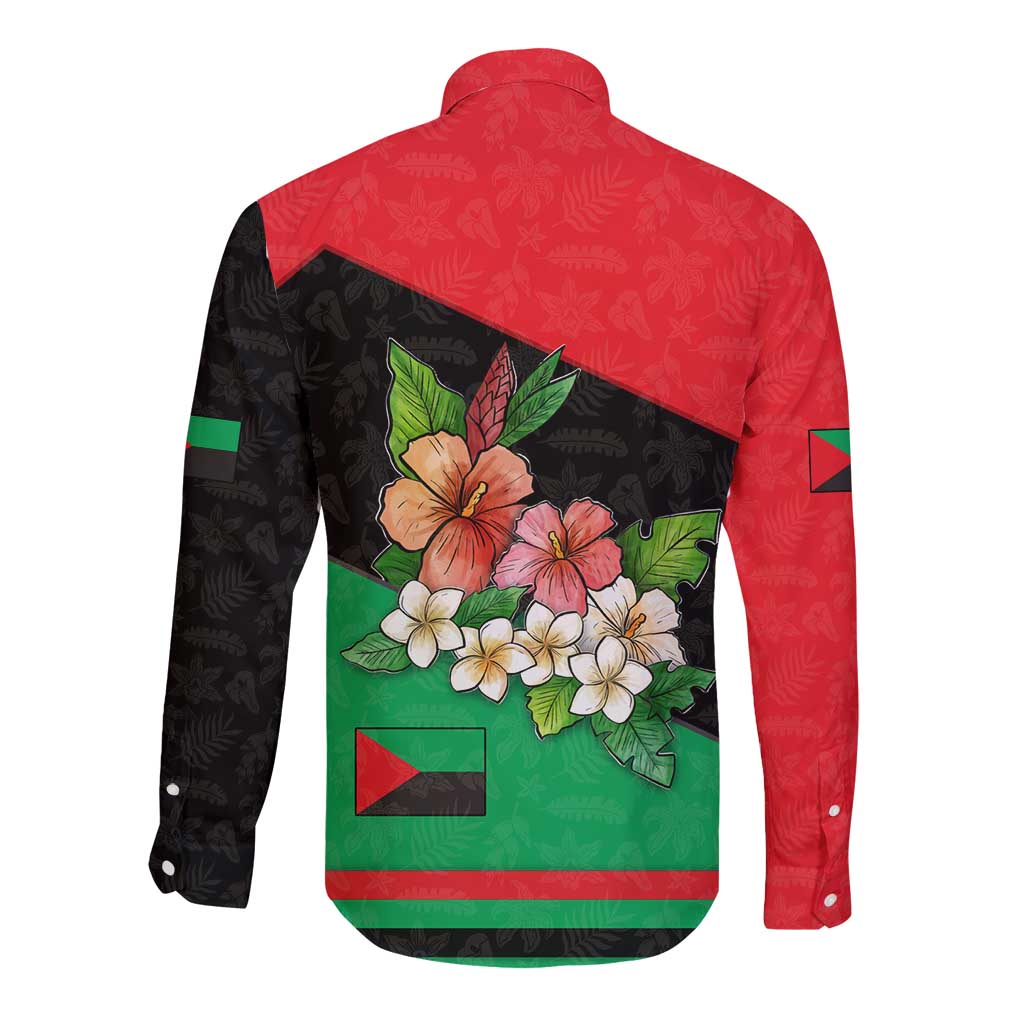 Martinique Island Pride Long Sleeve Button Shirt Tropical Hibiscus and Plumeria Floral Flag Design