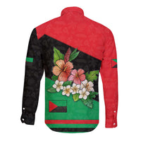 Martinique Island Pride Long Sleeve Button Shirt Tropical Hibiscus and Plumeria Floral Flag Design