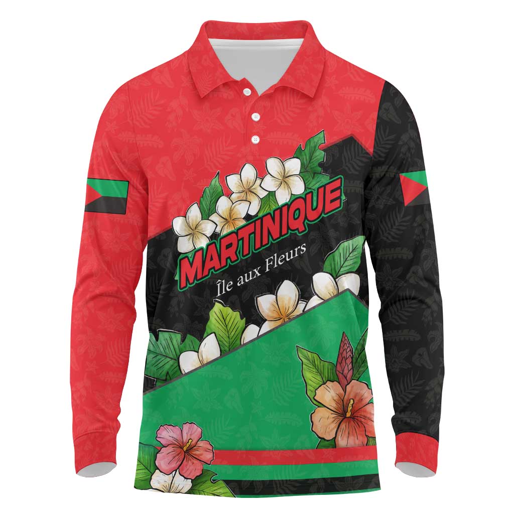 Martinique Island Pride Long Sleeve Polo Shirt Tropical Hibiscus and Plumeria Floral Flag Design