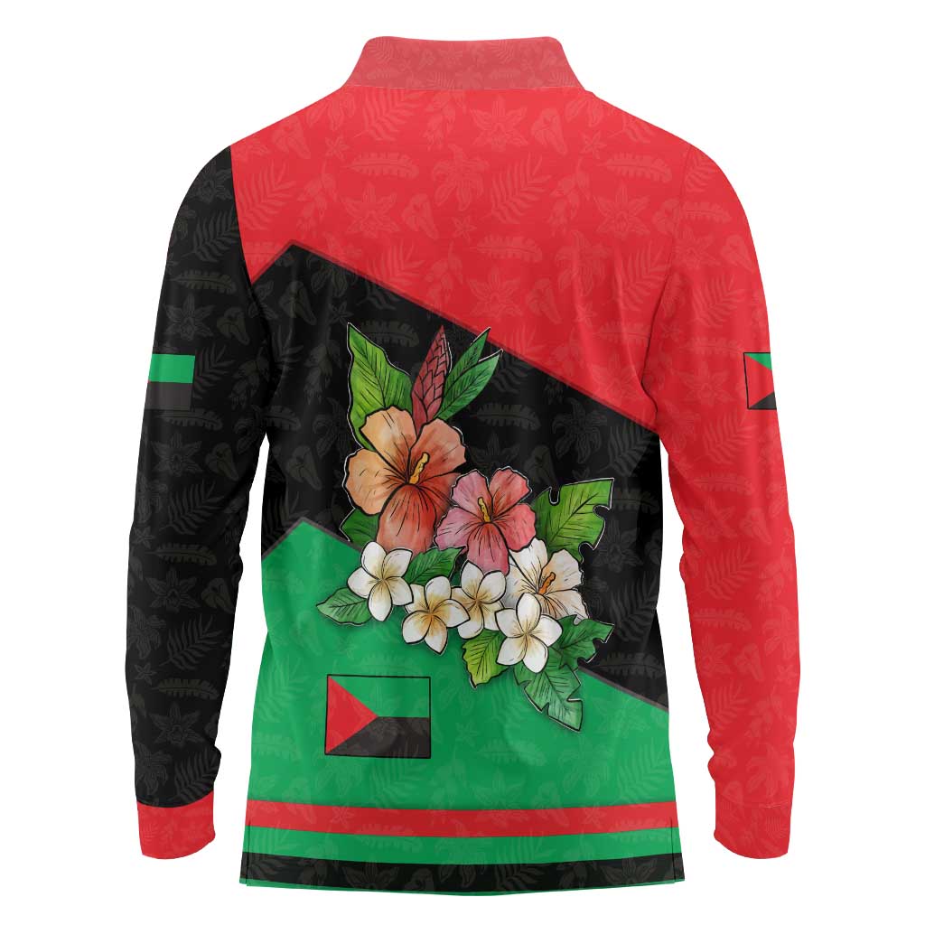 Martinique Island Pride Long Sleeve Polo Shirt Tropical Hibiscus and Plumeria Floral Flag Design