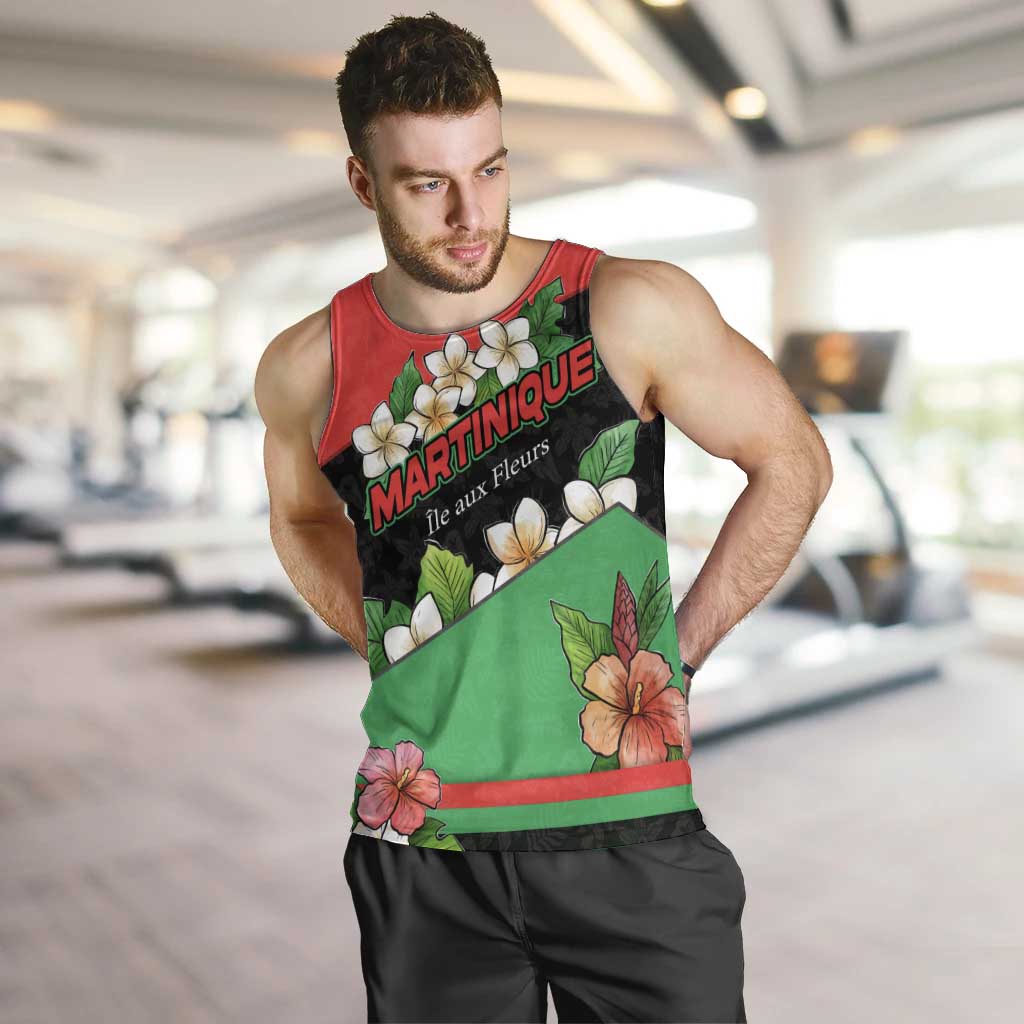 Martinique Island Pride Men Tank Top Tropical Hibiscus and Plumeria Floral Flag Design