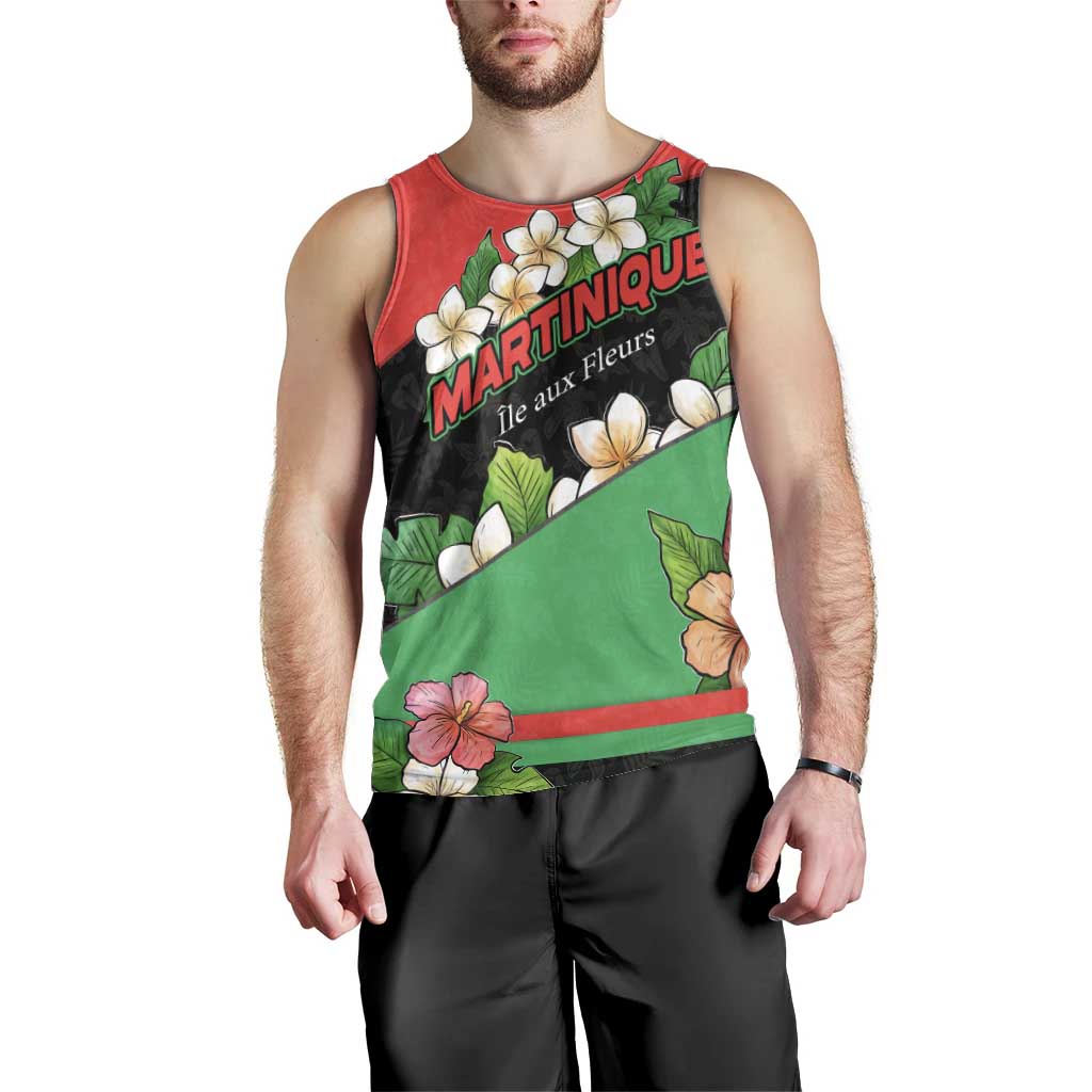Martinique Island Pride Men Tank Top Tropical Hibiscus and Plumeria Floral Flag Design