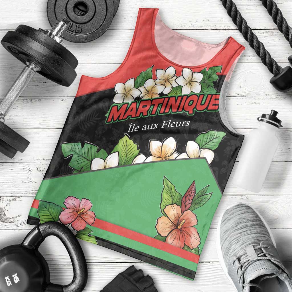 Martinique Island Pride Men Tank Top Tropical Hibiscus and Plumeria Floral Flag Design