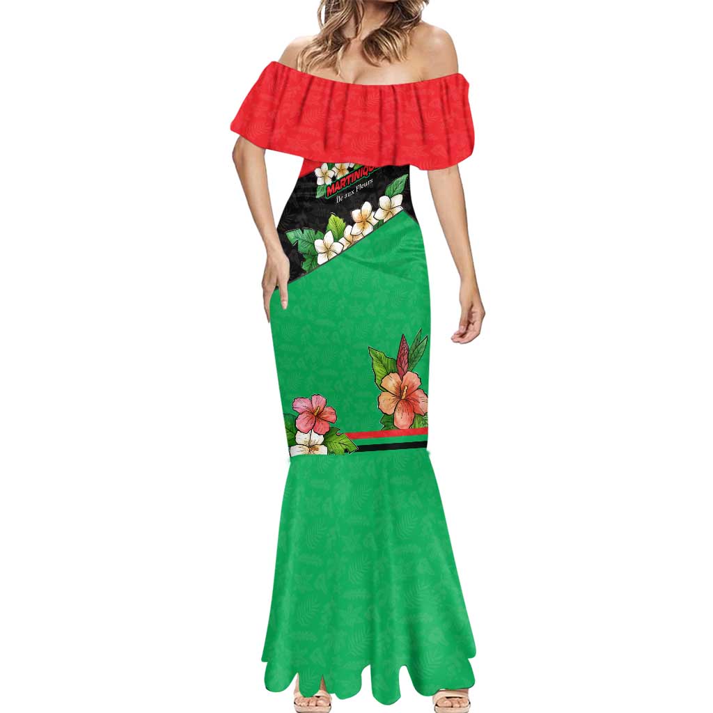 Martinique Island Pride Mermaid Dress Tropical Hibiscus and Plumeria Floral Flag Design