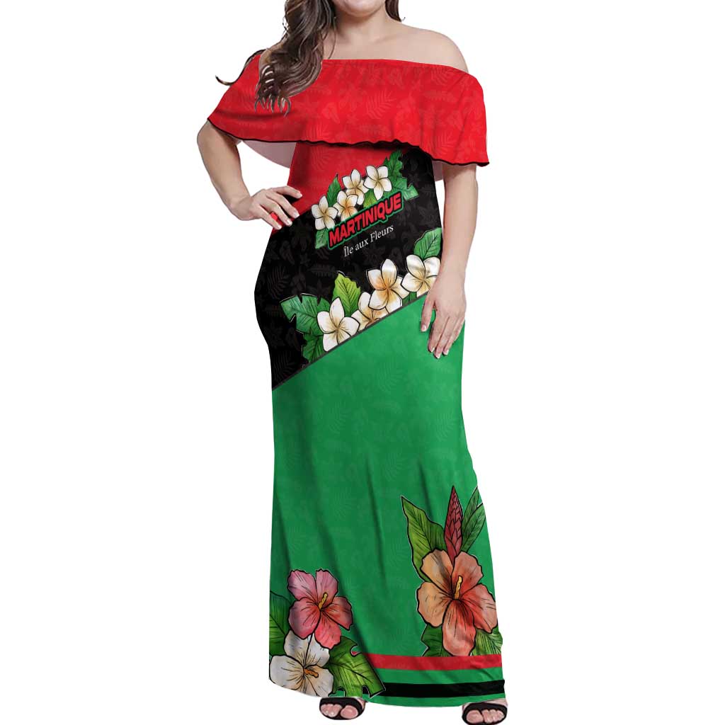 Martinique Island Pride Off Shoulder Maxi Dress Tropical Hibiscus and Plumeria Floral Flag Design