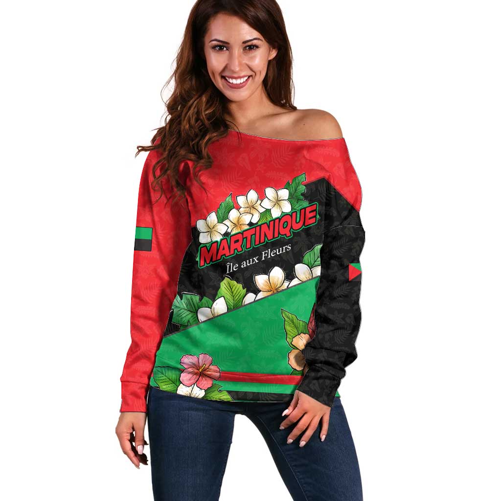 Martinique Island Pride Off Shoulder Sweater Tropical Hibiscus and Plumeria Floral Flag Design