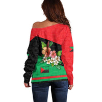 Martinique Island Pride Off Shoulder Sweater Tropical Hibiscus and Plumeria Floral Flag Design