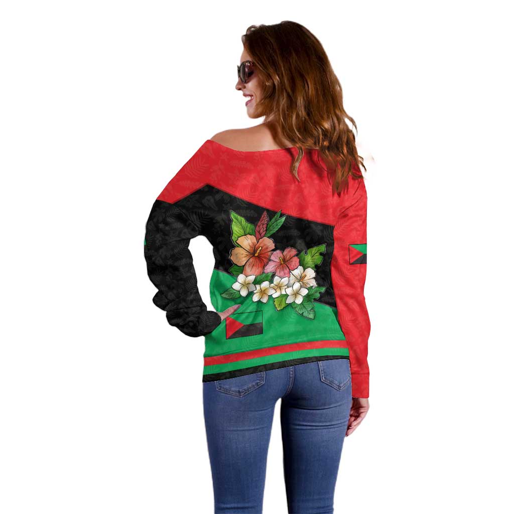 Martinique Island Pride Off Shoulder Sweater Tropical Hibiscus and Plumeria Floral Flag Design