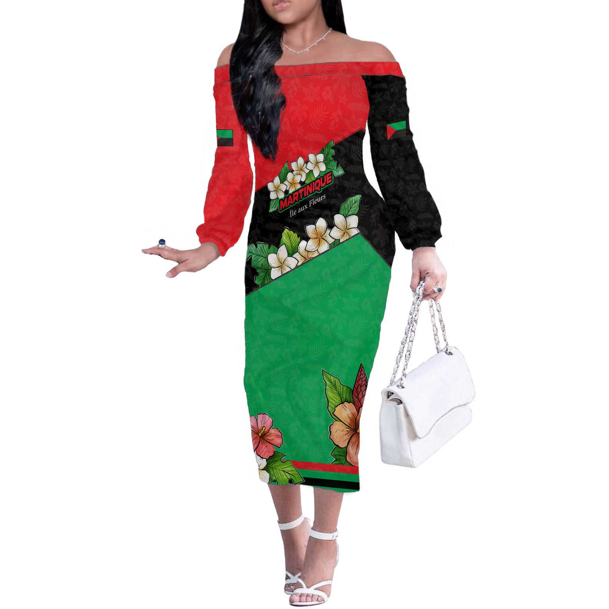 Martinique Island Pride Off The Shoulder Long Sleeve Dress Tropical Hibiscus and Plumeria Floral Flag Design