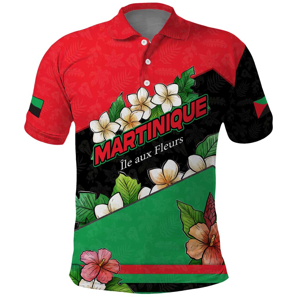 Martinique Island Pride Polo Shirt Tropical Hibiscus and Plumeria Floral Flag Design