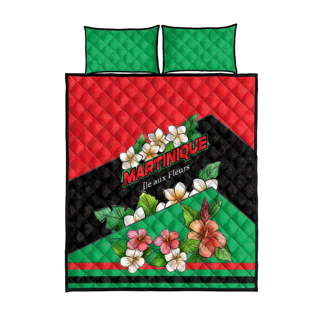 Martinique Island Pride Quilt Bed Set Tropical Hibiscus and Plumeria Floral Flag Design
