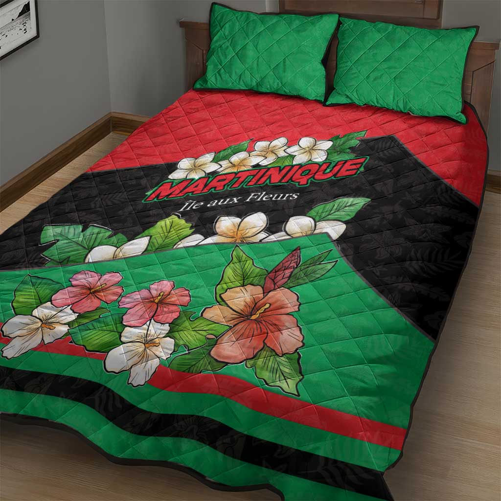 Martinique Island Pride Quilt Bed Set Tropical Hibiscus and Plumeria Floral Flag Design