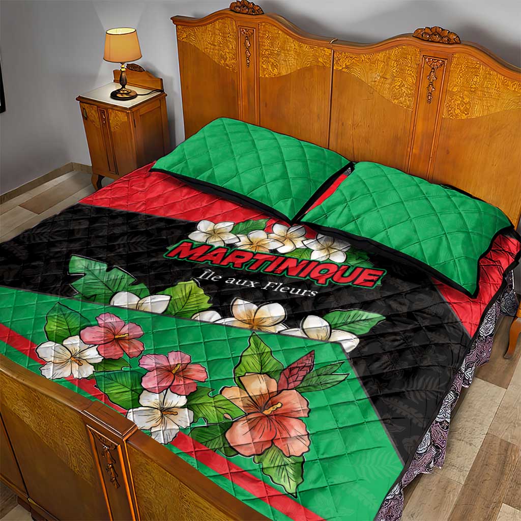 Martinique Island Pride Quilt Bed Set Tropical Hibiscus and Plumeria Floral Flag Design