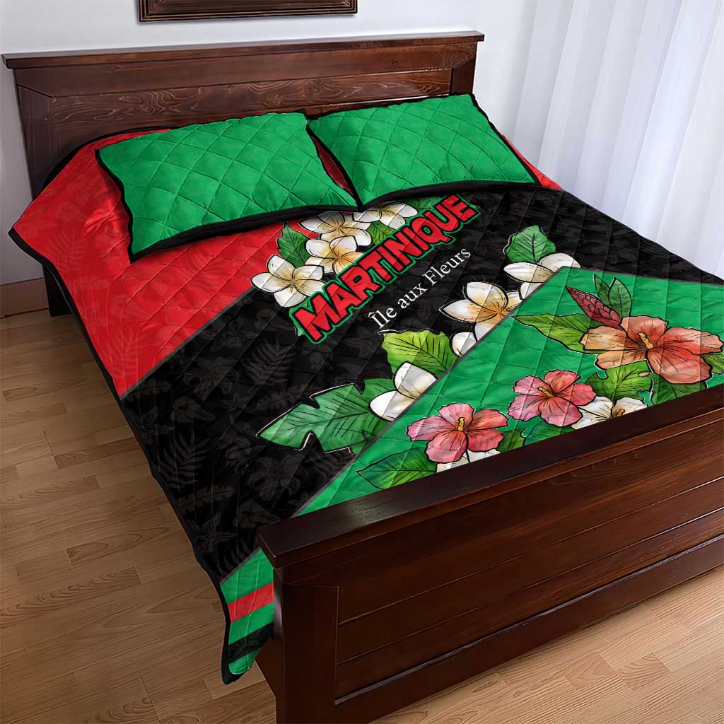 Martinique Island Pride Quilt Bed Set Tropical Hibiscus and Plumeria Floral Flag Design