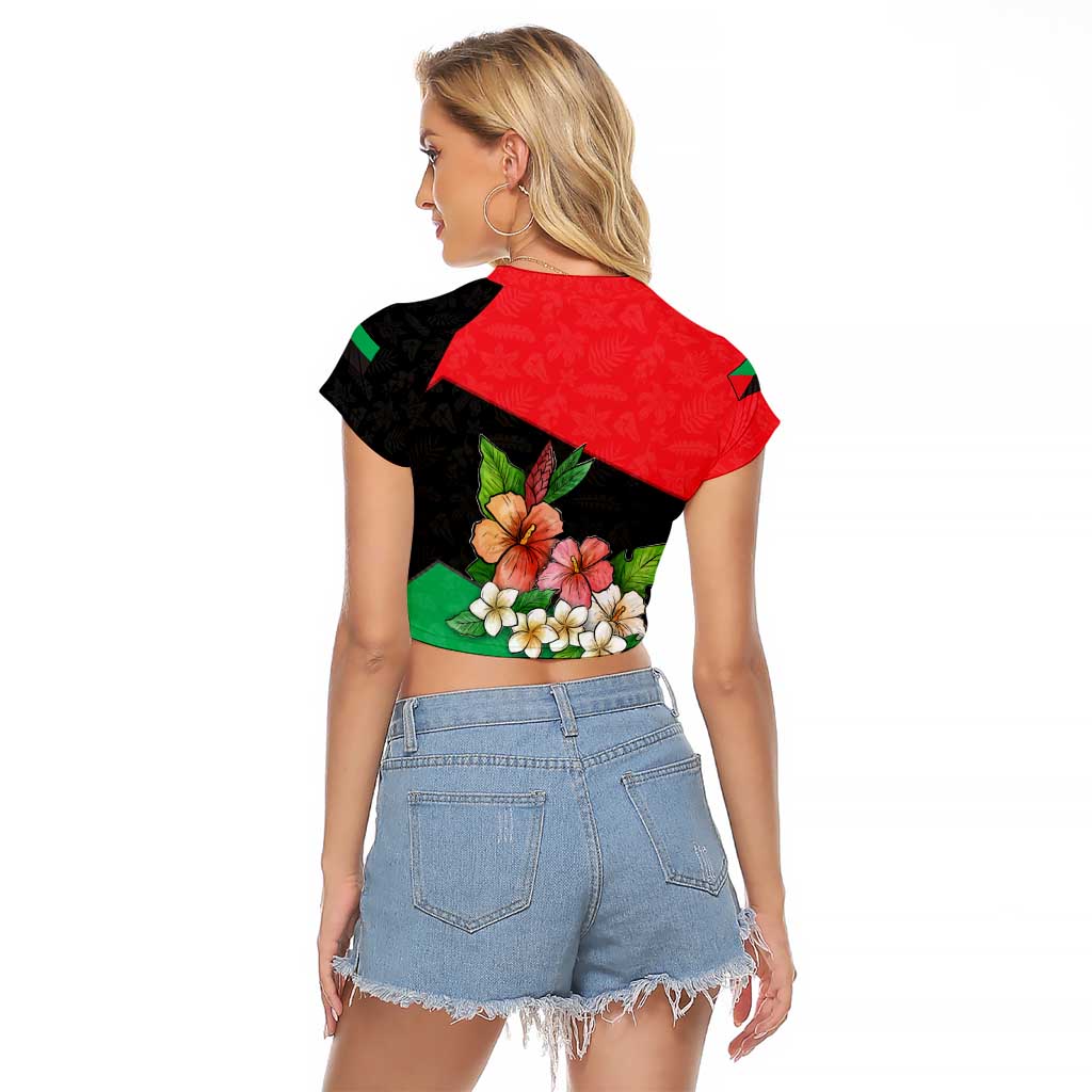 Martinique Island Pride Raglan Cropped T Shirt Tropical Hibiscus and Plumeria Floral Flag Design