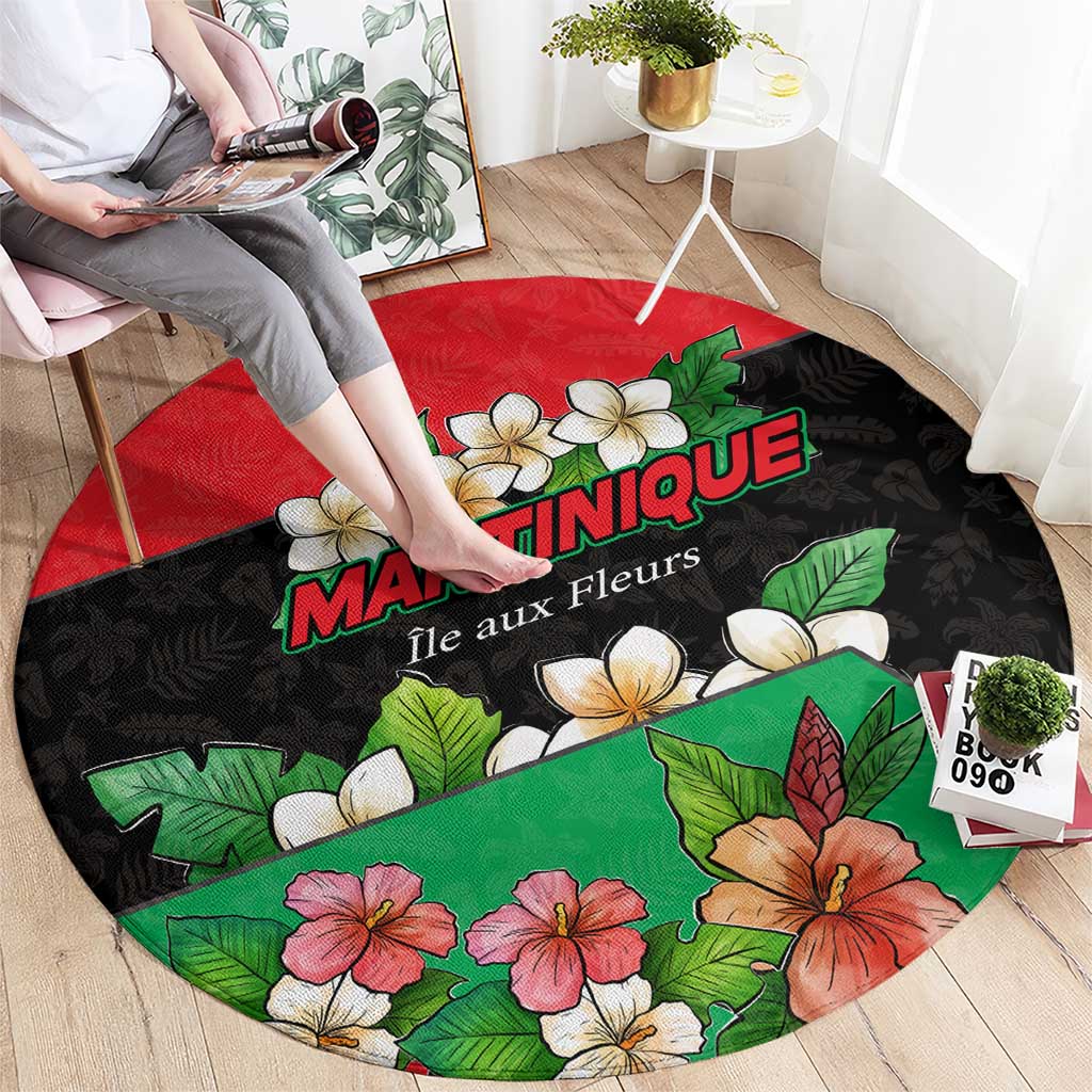 Martinique Island Pride Round Carpet Tropical Hibiscus and Plumeria Floral Flag Design