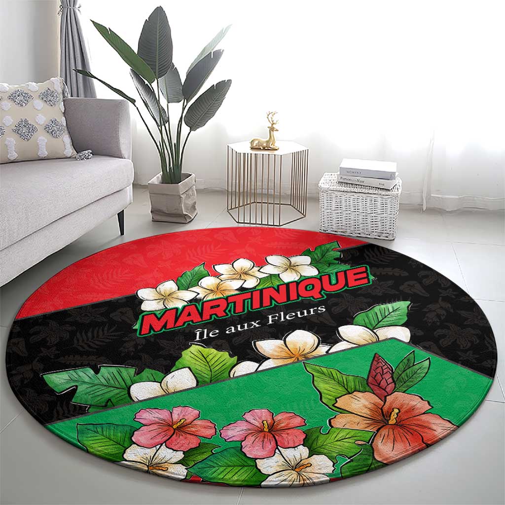 Martinique Island Pride Round Carpet Tropical Hibiscus and Plumeria Floral Flag Design