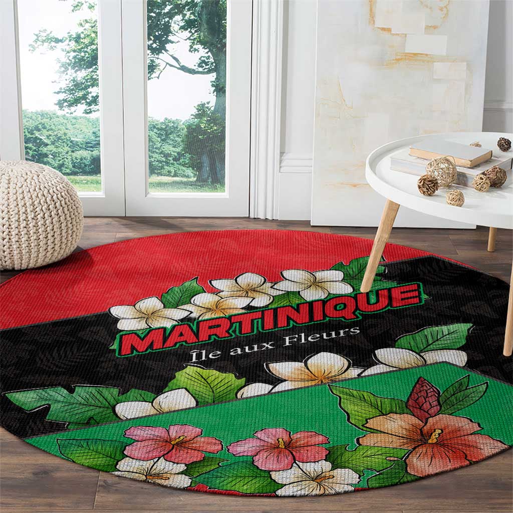 Martinique Island Pride Round Carpet Tropical Hibiscus and Plumeria Floral Flag Design