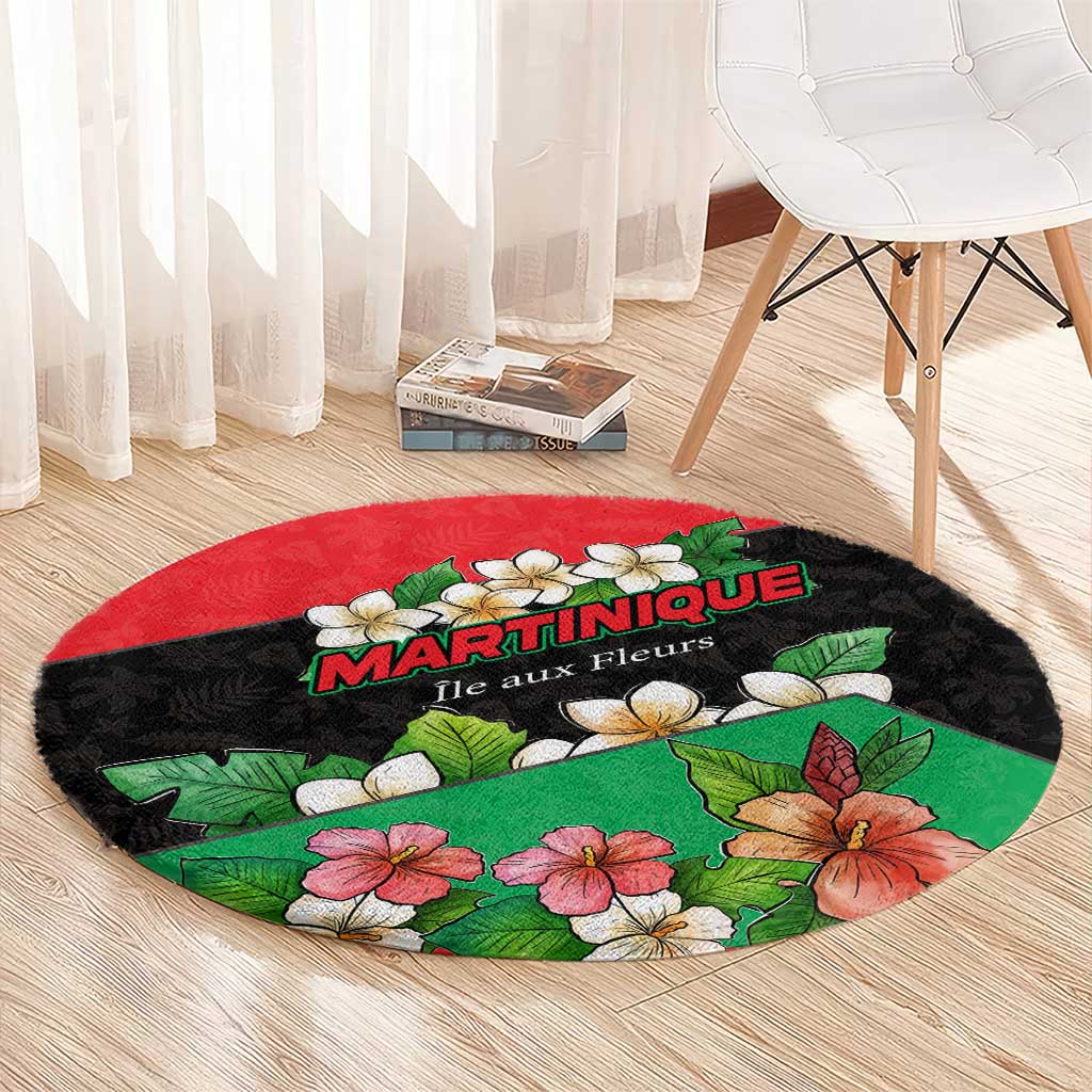 Martinique Island Pride Round Carpet Tropical Hibiscus and Plumeria Floral Flag Design