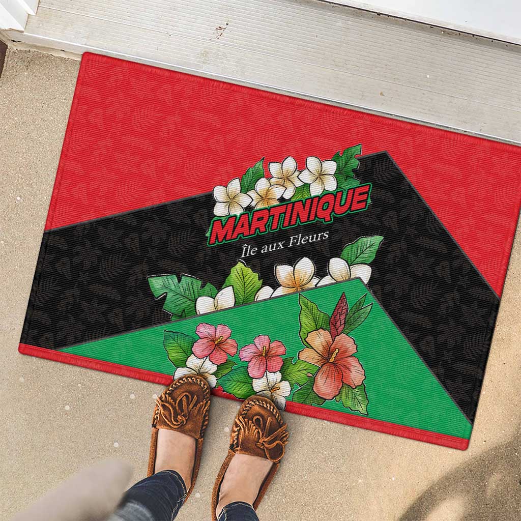 Martinique Island Pride Rubber Doormat Tropical Hibiscus and Plumeria Floral Flag Design