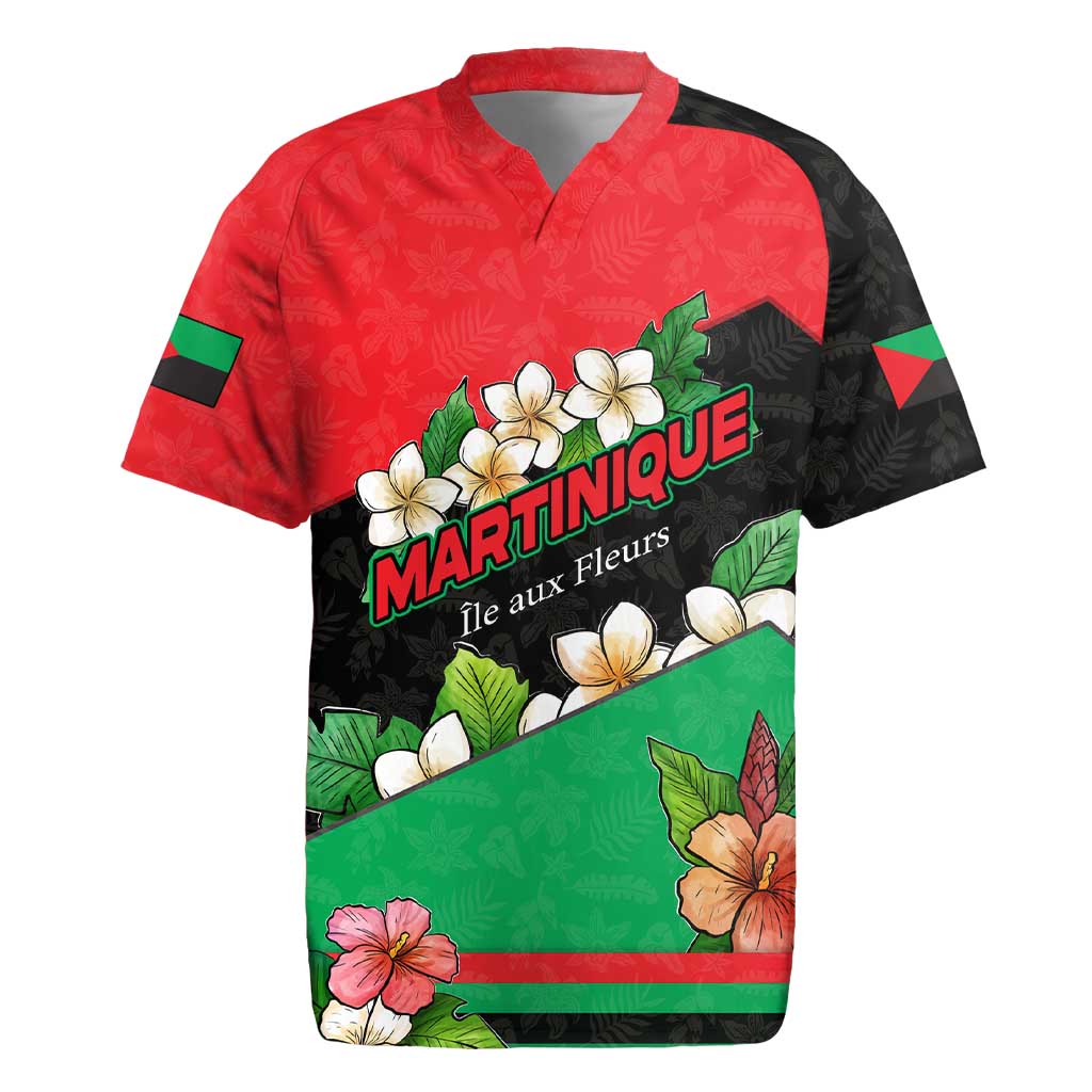 Martinique Island Pride Rugby Jersey Tropical Hibiscus and Plumeria Floral Flag Design