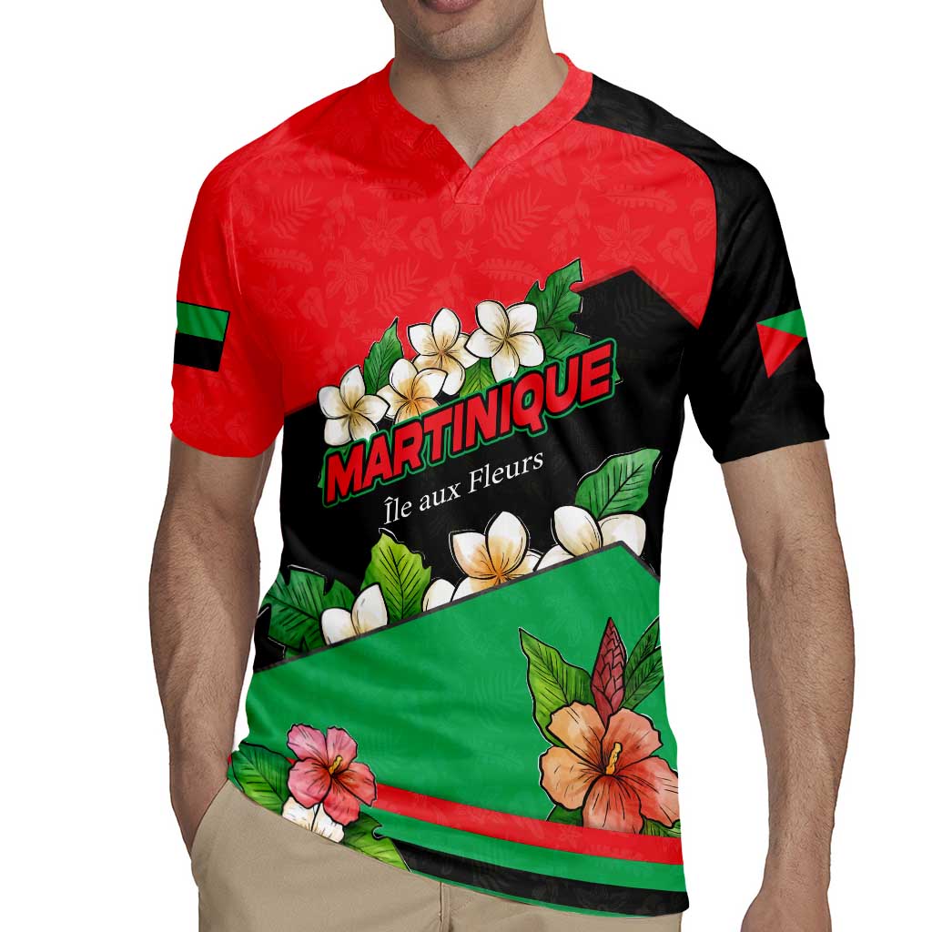 Martinique Island Pride Rugby Jersey Tropical Hibiscus and Plumeria Floral Flag Design