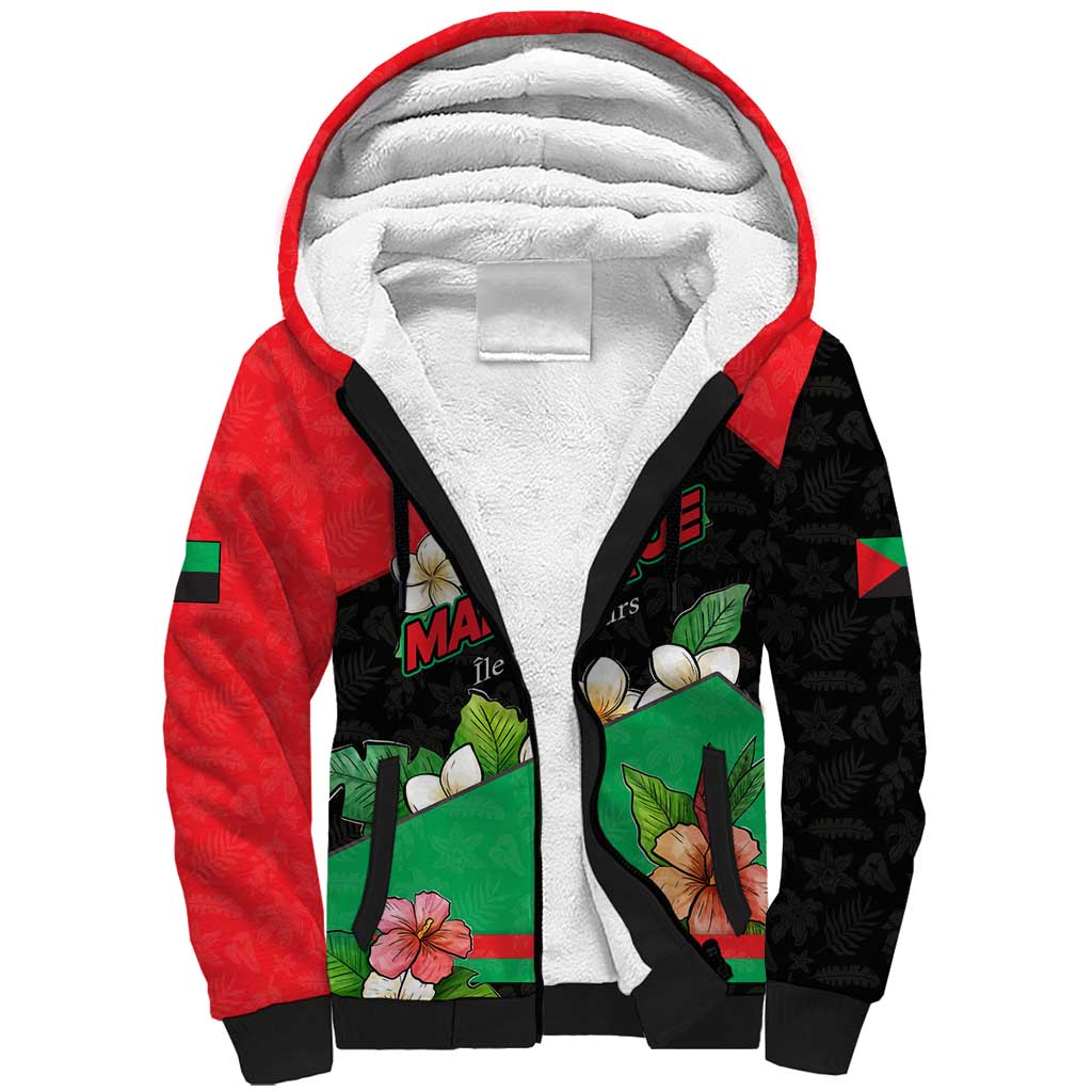 Martinique Island Pride Sherpa Hoodie Tropical Hibiscus and Plumeria Floral Flag Design