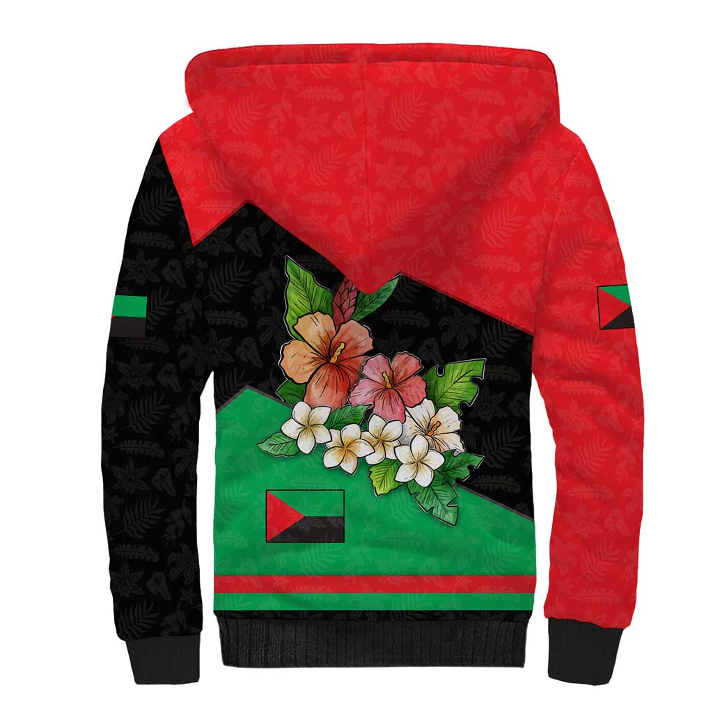 Martinique Island Pride Sherpa Hoodie Tropical Hibiscus and Plumeria Floral Flag Design