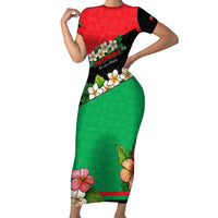 Martinique Island Pride Short Sleeve Bodycon Dress Tropical Hibiscus and Plumeria Floral Flag Design